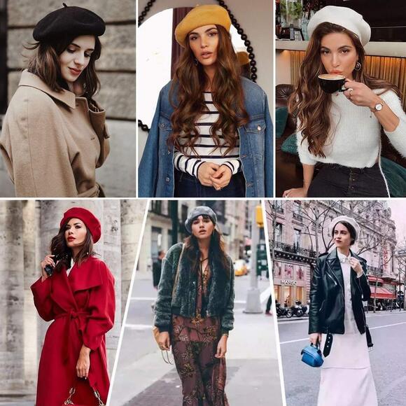 5571 Women Beret Hat Beanie Winter Warm Slouchy Tan Knit Cap 2 Layers Wool main image 6